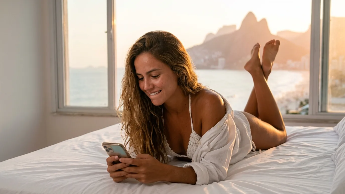 Uma mulher de camisa aberta deitada na cama sorri pro celular no bate papo sexo, com o Morro Dois Irmãos atrás da janela no Rio