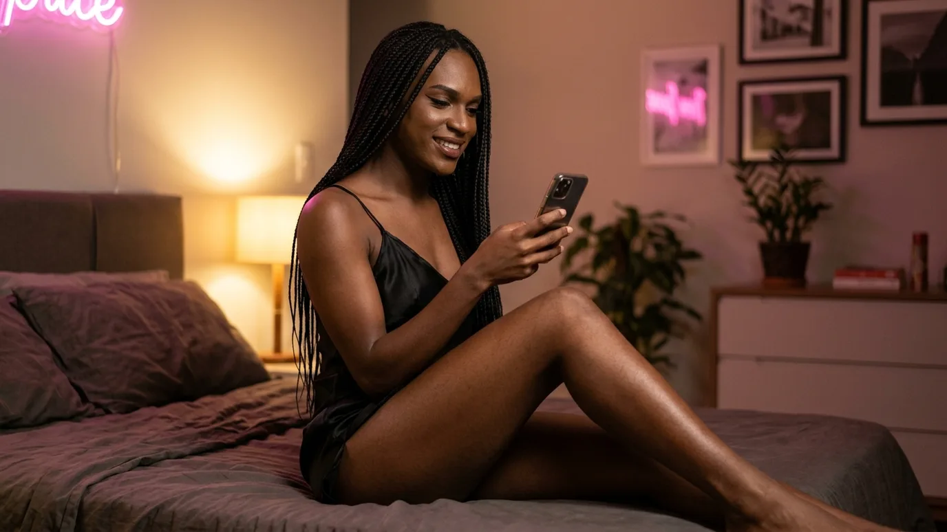 Uma mulher trans de lingerie sorri pro celular sentada na cama, numa chamada de vídeo no bate papo trans à noite