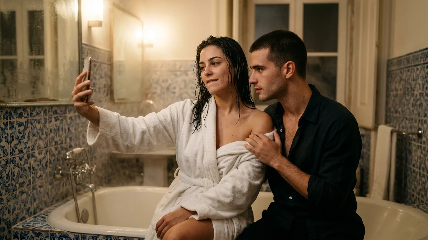 Uma mulher de roupão numa casa de banho de azulejos em Lisboa faz uma videochamada no chat de sexo, abraçada pelo homem que conheceu